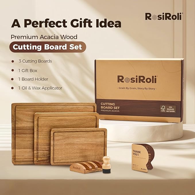 Acacia Wood Cutting Board for Kitchen, 3 Set with Holder - FSC Certified Large Wood Charcuterie Cheese Board with Handles and Juice Grooves, Wooden Chopping Block, Ideal Gift Set of 3 (S/M/L)-Ruum Studio Home
