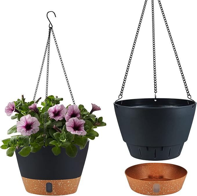 2 Pack Hanging Planters for Indoor Outdoor Plants, 10 Inch Hanging Flower Pot Basket with Drainage Hole with Removable Tray&Hooks Self Watering Plant Pot for Hanging Plants, Dark Grey-Ruum Studio Home