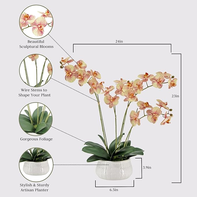 Faux Orange Orchid Plant, Premium Artificial Indoor Flower Display Stands 23”, Beautiful Sculptural Blooms That Lasts Forever, White Planter Pot Included-Ruum Studio Home