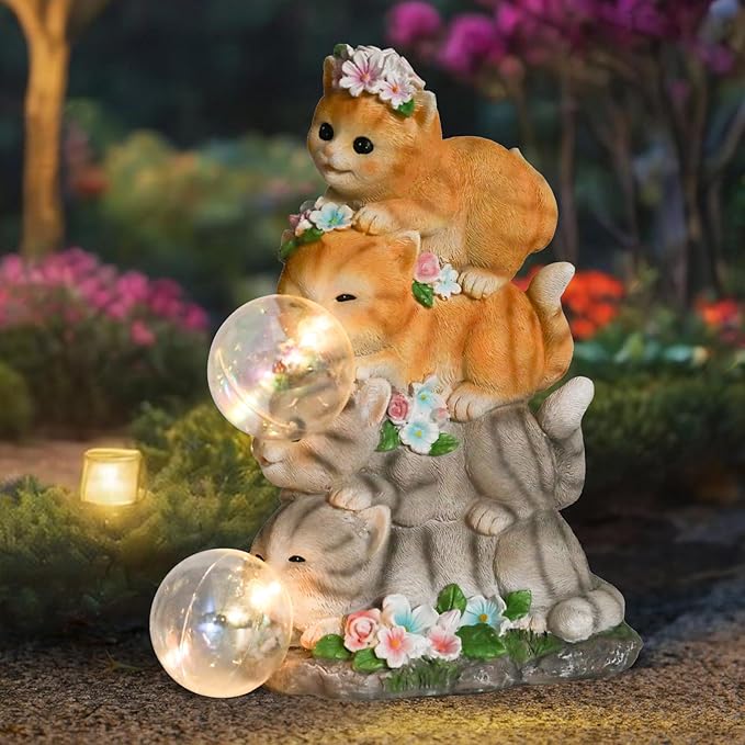 Solar Cat Garden Statue Resin Cat Statue Decor Outdoor with LED Lights for Outside Yard Art Lawn Ornaments Patio, Cat Lovers Gifts-Ruum Studio Home