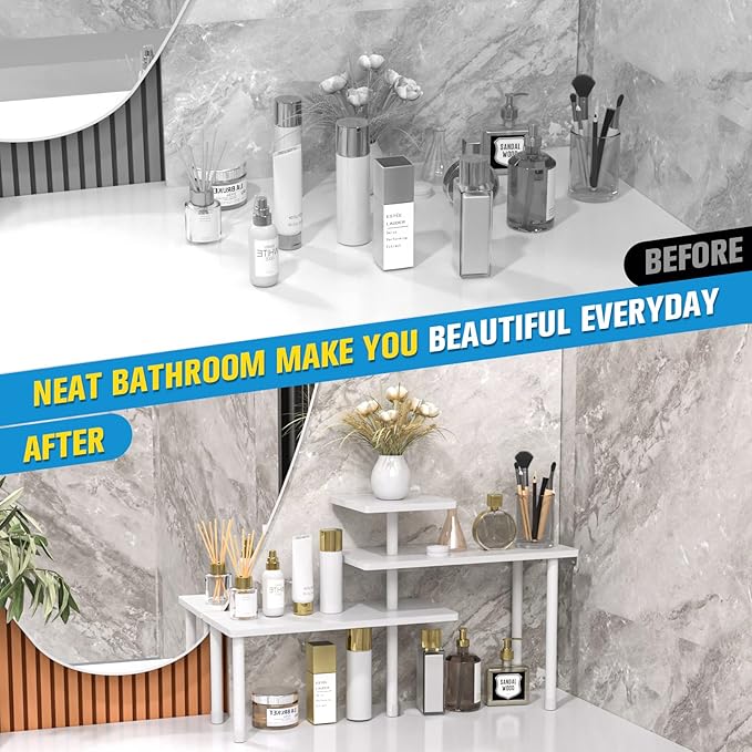 JayRex Bathroom Organizer Countertop Corner Shelf, 3 Tier Moveable Organizer for Make Up, Dresser Table, Desktop (White)-Ruum Studio Home