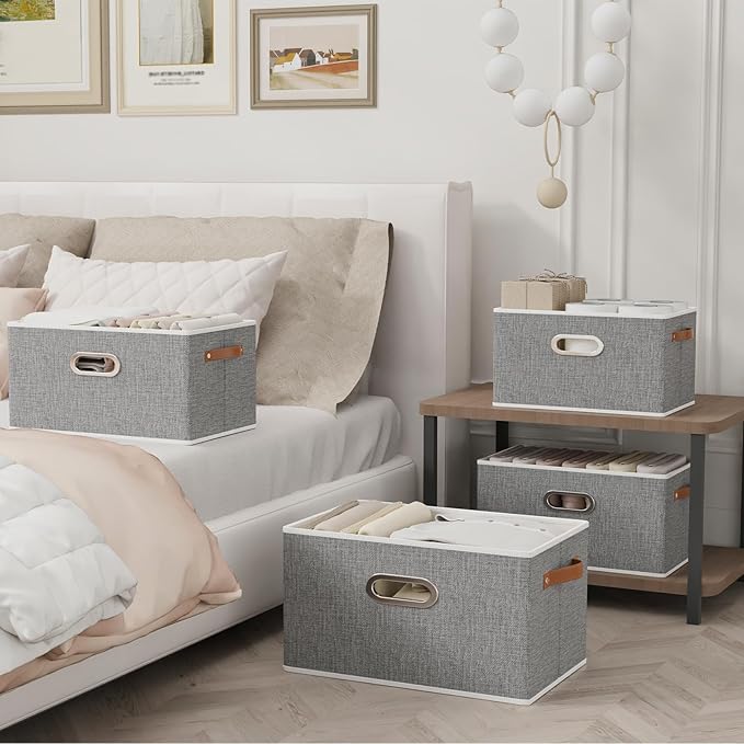 Yawinhe Foldable Storage Baskets for Shelves, Fabric Closet Organizers, Bins with 3 Handles, Cubes for Clothes, Grey, 15''Lx9.8''Wx8.3''H, 4-Pack-Ruum Studio Home