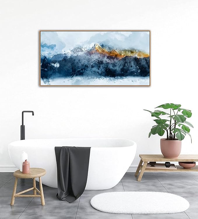 Framed Canvas Wall Art Indigo Abstract Mountain Pictures Wall Decor Blue Grey Orange Mountain Peaks Canvas Painting Prints Modern Abstract Artwork for Living Room Bedroom Decoration 24" x 48"-Ruum Studio Home