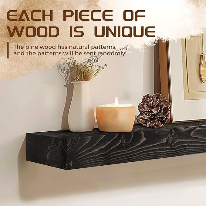 48x7x3 Fireplace Mantel - Solid Rustic Wood - Wall Mounted Floating Shelf with Invisible Heavy Duty Steel Bracket (Weathered Black)-Ruum Studio Home