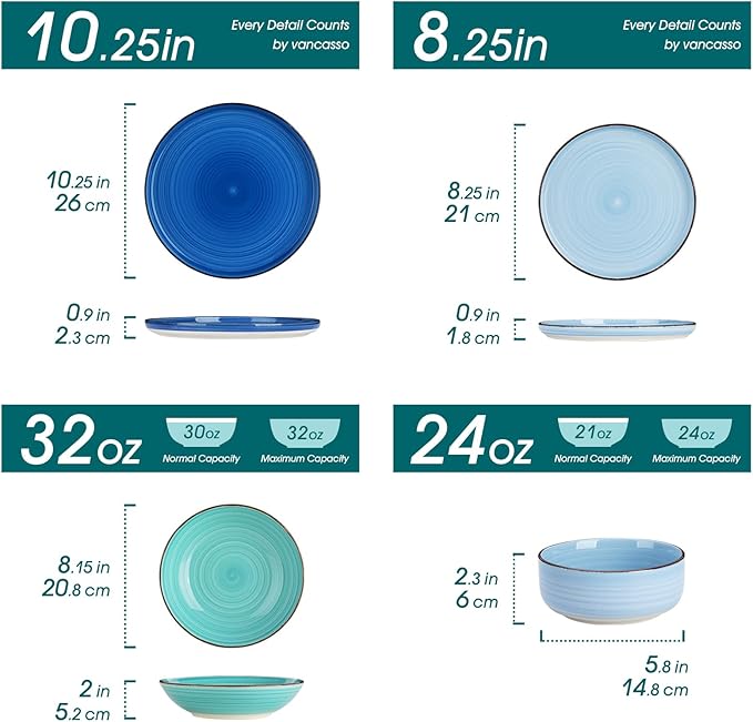 vancasso Bonita Dinnerware Sets 24 Pieces, Blue Stoneware Dishes Set for 6, Dinner Platers with Bowls Set, Dishwasher and Microwave Safe-Ruum Studio Home
