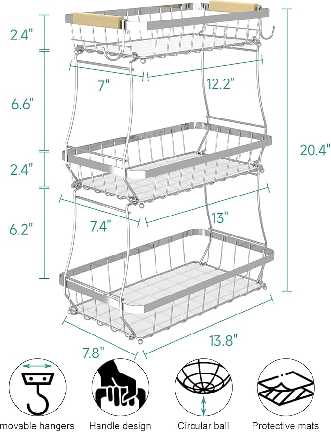 3 Tier Fruit Basket for Kitchen Counter with 2 Mobile Banana Hangers, 2025 Pro Detachable Metal Fruit Bowl with Wooden Handle, Fruit Holder for Bread Snack Veggies, Silvery-Ruum Studio Home