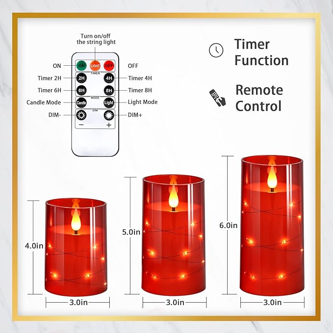 NURADA Flickering Flameless Candles: Built-in Star String Lights Battery Operated LED Pillar Candles with Remote and Timer Romantic Decorations for Wedding Party Christmas Halloween - Red 3 Pack-Ruum Studio Home
