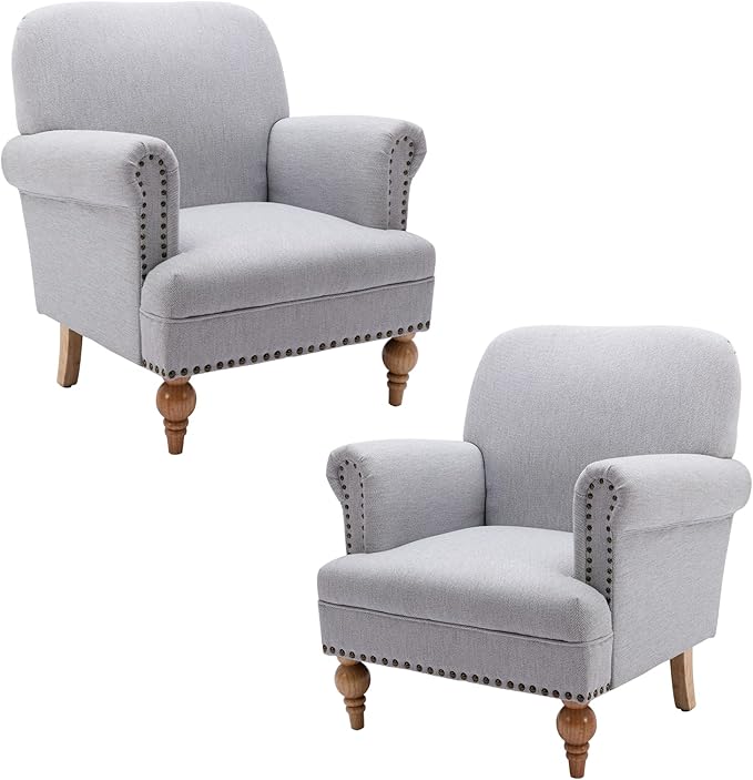 chairus Linen Accent Chair for Living Room Set of 2 Upholstered Mid Century Modern Single Sofa Chair with Solid Wood Legs Comfy Reading Chair Armchair for Bedroom/Office Room/Recption/Lounge, Grey-Ruum Studio Home