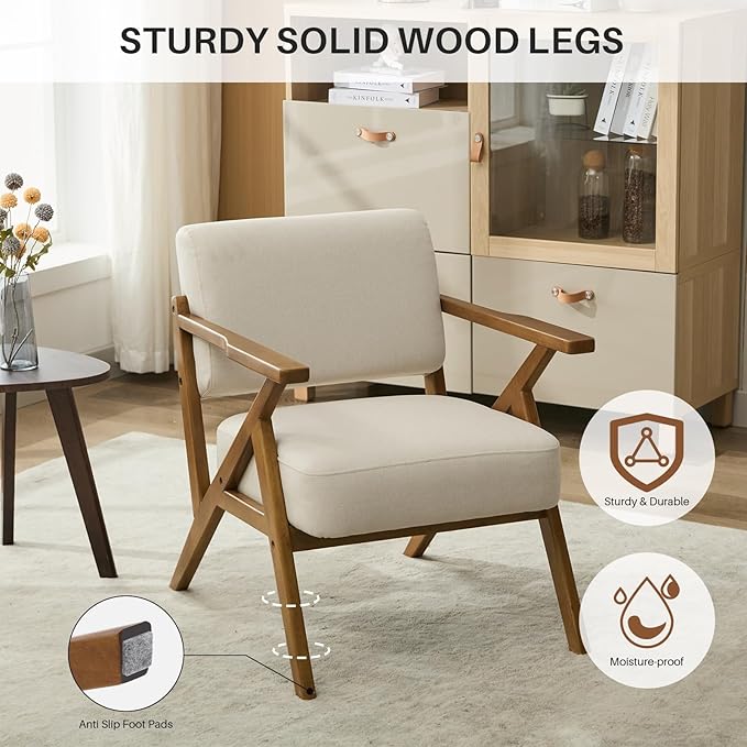 Mid-Century Modern Chair Upholstered Lounge Arm Chair with Solid Wood Frame Thicker Cushion for Living Room, Reading, Balcony, Beige Linen-Ruum Studio Home