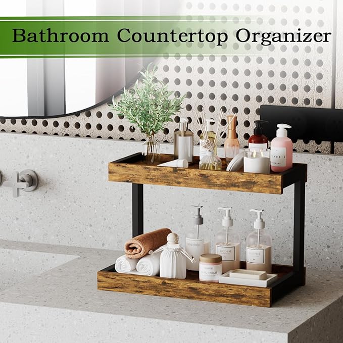 MARTY 2 Tier Spice Rack Organizer for Countertop, 15.8''L Coffee Station/Bathroom Organizer Countertop, Counter Shelf Desktop Storage Organizer for Kitchen, Bedroom, Office (Rustic Brown)-Ruum Studio Home