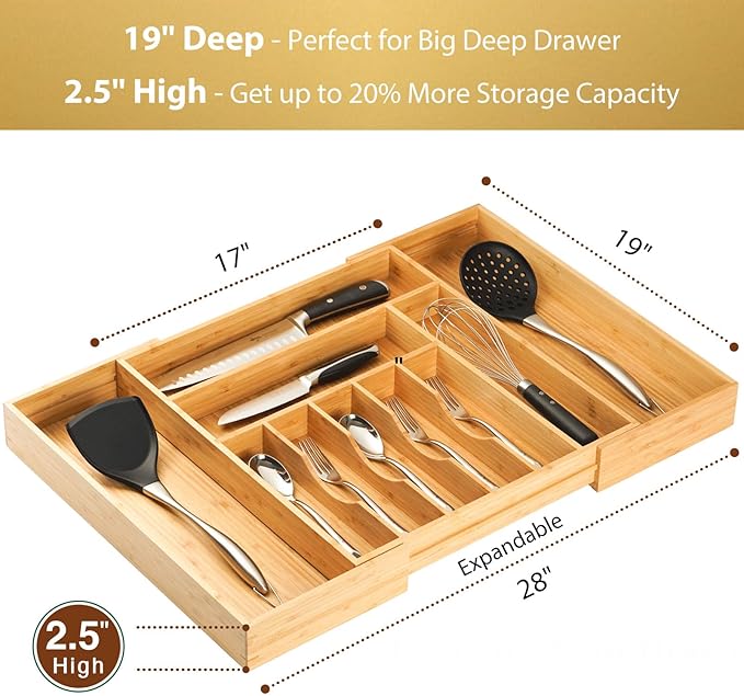 Umilife Extra Large Expandable Kitchen Siverware Utensils Drawer Organizer, 19" Deep for Big Drawer, Adjustable Bamboo Wood Drawer Divider with Curved Grooves, Cutlery Tray Flatware Holder-Ruum Studio Home