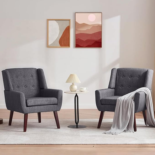 HUIMO Button-Tufted Accent Chairs Set of 2,Upholstered Reading Living Room Chair,Mid Century Modern Chair with Linen Fabric, Club Chair,Comfy Arm Chairs for Living Room,Bedroom,Grey-Ruum Studio Home