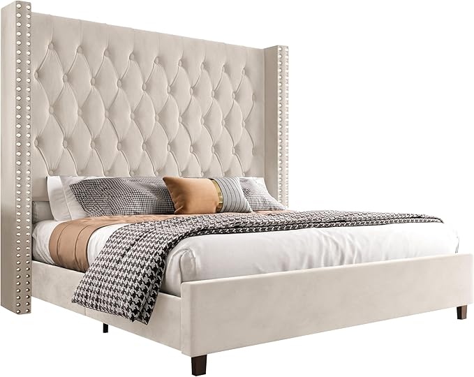 PaPaJet Queen Size Bed Frame with 61.4" Tall Headboard, Velvet Modern Upholstered Tufted Bed for Adults, Handmade Deep Button Tufting, Solid Wood Legs, No Box Spring Required, Cream-Ruum Studio Home