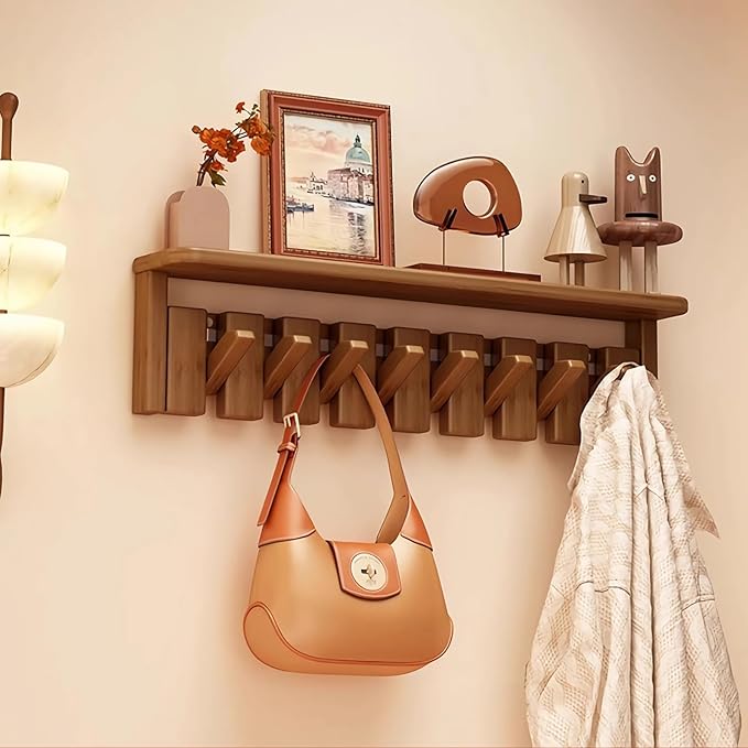 Wall Mounted Piano Key Hanger | Flip Style Hook | Entrance Wall Art Hook, Made of Oak Wood (3 Times Painted, 4 Times Polished) (Tray Walnut, 8Hooks)-Ruum Studio Home