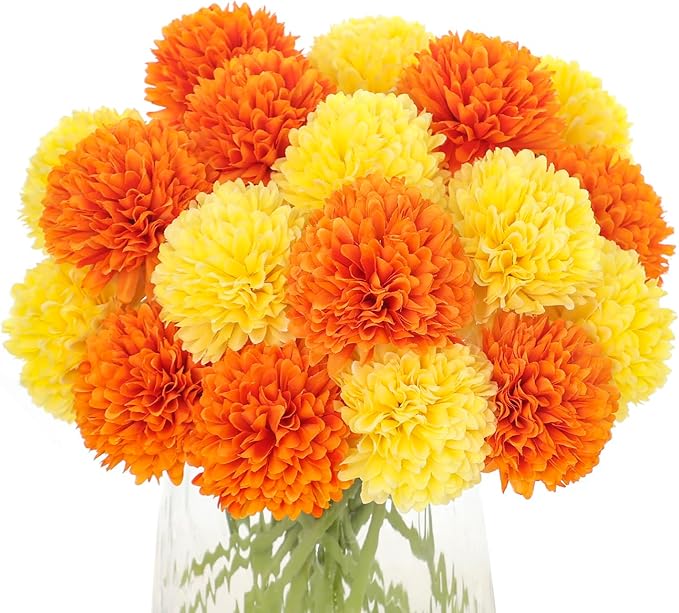Kimura's Cabin 20Pcs Fake Silk Ball Flowers Artificial Chrysanthemum Faux Mums Bouquets Wedding Arrangements Halloween Home Table DIY Center Decoration (Orange Yellow)-Ruum Studio Home