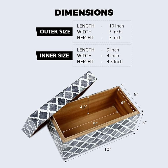 Handicrafts Home Handmade Moroccan Pattern Inspired Decorative Box - Large Storage Organizer for Neck Chains, Watches, Memory Keepsakes - Boho Style Treasure Box, Multipurpose Gift - Grey, 10x5x5-Ruum Studio Home