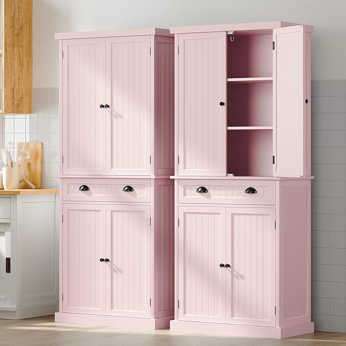 ARTPOWER 72" Tall Kitchen Pantry Storage Cabinet with Drawer and Adjustable Shelves, Pantry Cabinet for Kitchen, Bathroom or Hallway, Pink-Ruum Studio Home