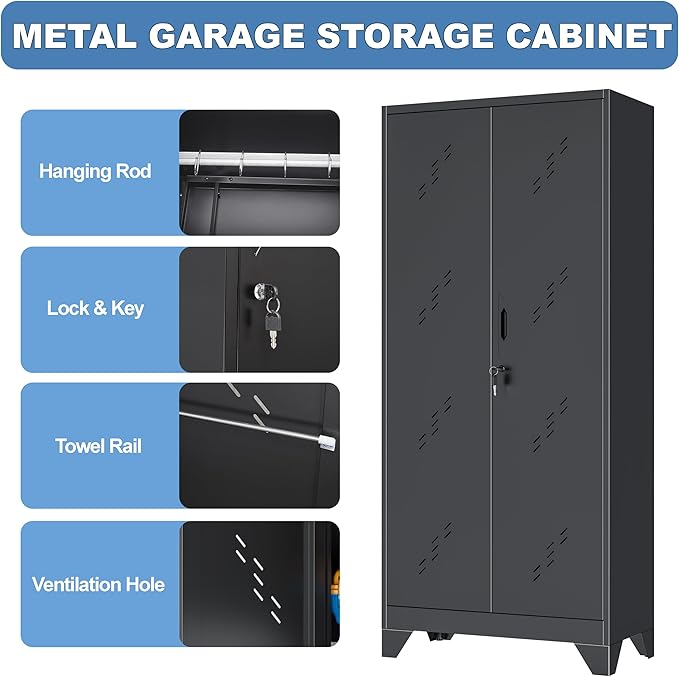 Metal Garage Storage Cabinet with Locking Doors, 71" Tall Broom Closet Storage Cabinet, Heavy Duty Garage Organization Cabinets, Steel Cabinet with Hanging Rod, Assembly Required-Ruum Studio Home
