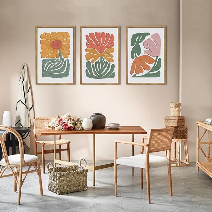 Large Abstract Boho Floral Wall Art Set Colorful Botanical Wood Wall Decor Modern Mid Century Artwork Neutral Bohemian Art Decor for Living Room Bedroom Office-16x24Inch x3-Ruum Studio Home