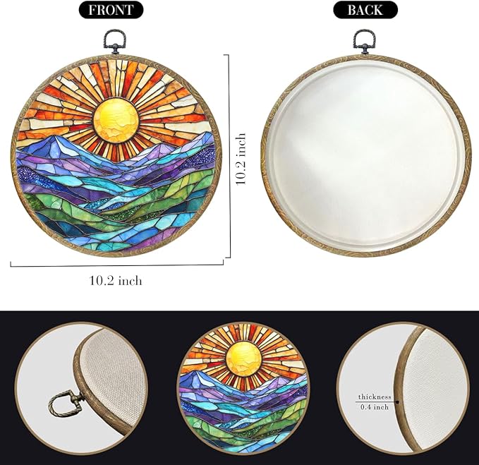 Colorful Mountain Sunset Bohemian Style Rainbow Sunrise Art Gift Framed Round Wall Decor Canvas Wall Art Hanging Prints Artwork for Home Nursery Bedroom Door Office Porch Decorations 10.2X10.2 Inch-Ruum Studio Home