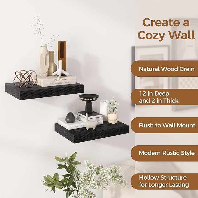 12 Inch Deep Black Floating Shelves, 16 x 12 Floating Shelf for Books, Rustic Wood Deep Wall Shelves for Home Storage & Display, 2" Thicked Shelves for Kitchen, Living Room, Bedroom, 2 Pack-Ruum Studio Home
