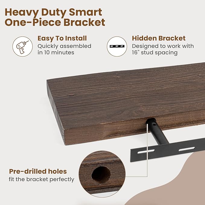 Floating Shelves for Wall Decor, Rustic Solid Elm Wood Live Edge Floating Shelves Wall Mounted, Wall Shelves with Invisible Bracket for Living Room Bathroom Bedroom Kitchen, 32 Inch Set of 2, Walnut-Ruum Studio Home