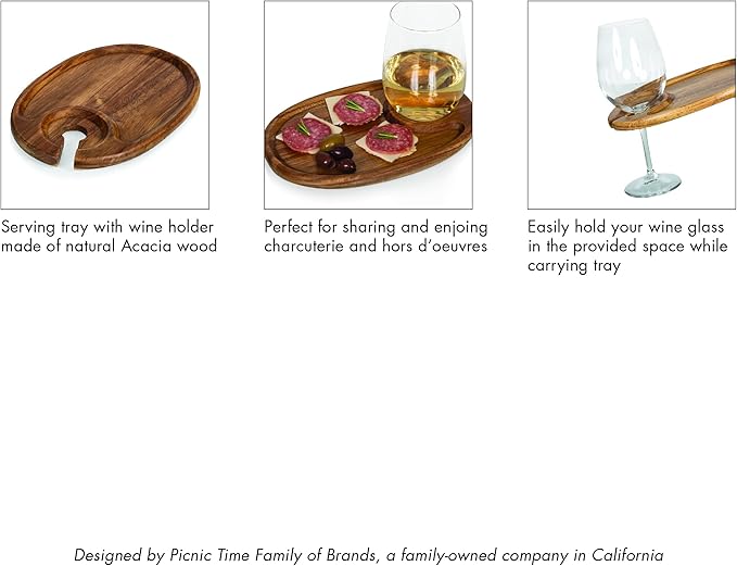 PICNIC TIME TOSCANA -Wine Appetizer Plates, Cocktail Plate with Glass Holder, Cheese Board with Wine Holder, (Acacia Wood), 9 x 6, Set of 4-Ruum Studio Home