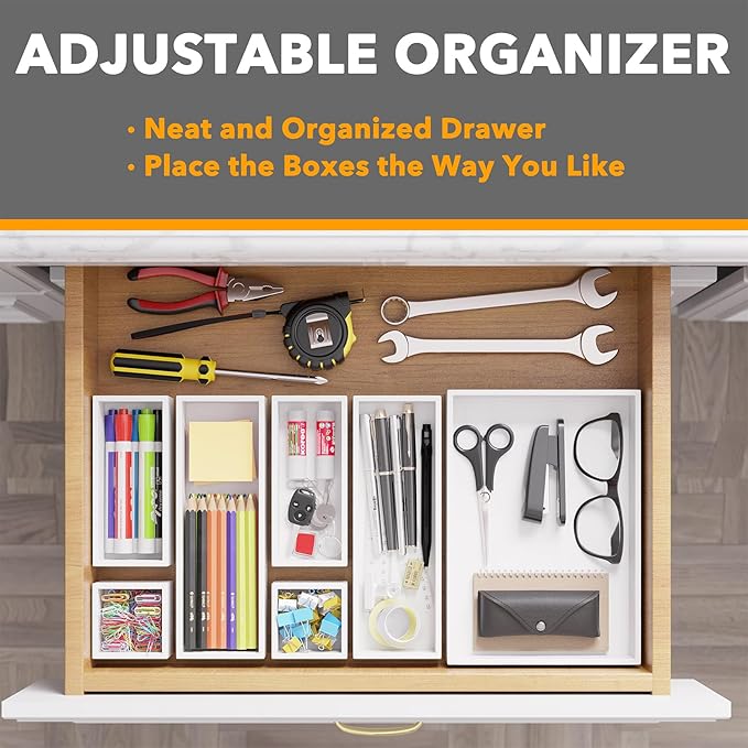 SpaceAid 7-Piece Bamboo Drawer Organizer Storage Boxes Set, Wood Tray Junk Drawer Organizers Multi-Use Divider Bins for Kitchen, Bathroom, Office Desk and Makeup Organization (7 Pack, White)-Ruum Studio Home