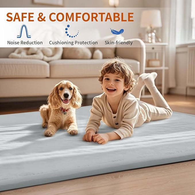 ACOMOPACK Baby Play Mat for Floor,1.3" Thick Memory Foam Area Rug for Living Room,Soft Velvet Crawling with Non-Slip Bottom for Kid,Toddler,79"×118" Tummy Time Nursery Rugs,Yoga（Light Grey）-Ruum Studio Home