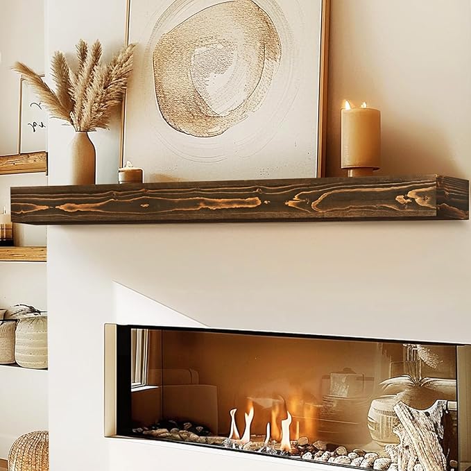 60x8x3 Fireplace Mantel - Handcrafted Hollow Rustic Solid Wood Wall Mounted Floating Shelf with Invisible Heavy Duty Wood Bracket (Weathered Brown)-Ruum Studio Home