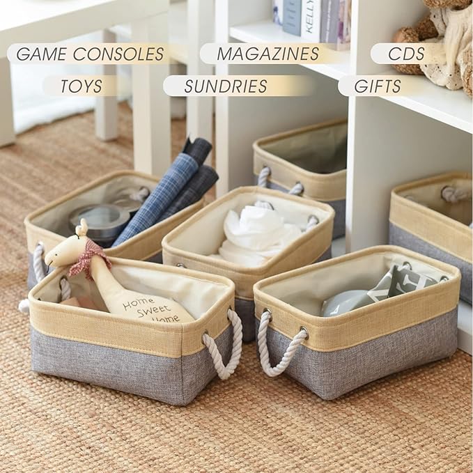 TcaFmac Organization and Storage Bins for Shelves - Small 6 Pack 12x8x5.2 inch Collapsible Storage Basket for Organizing, Fabric Storage Cubes for Gifts Empty for Toy Books (Gold & Grey)-Ruum Studio Home