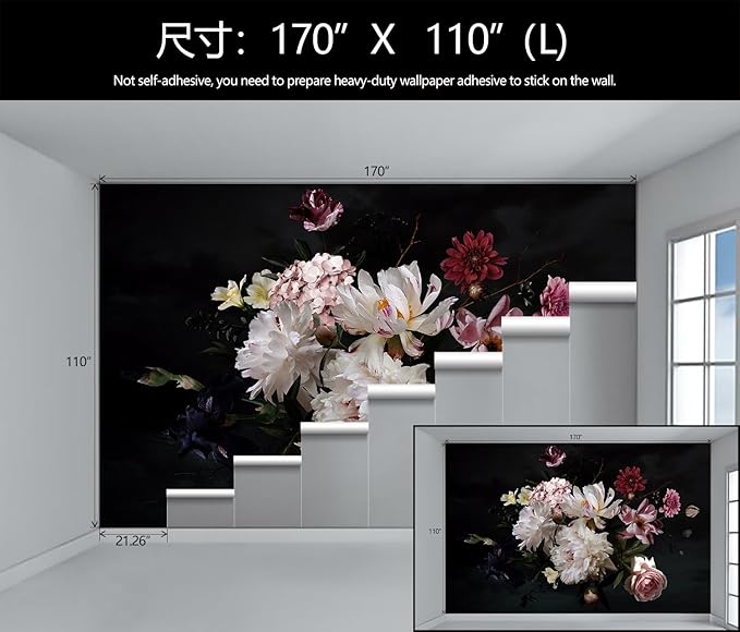 Dark Floral Wallpaper Mural Vintage Peony Flowers Black Background Wall Mural Bedroom (Not Peel and Stick)-Ruum Studio Home