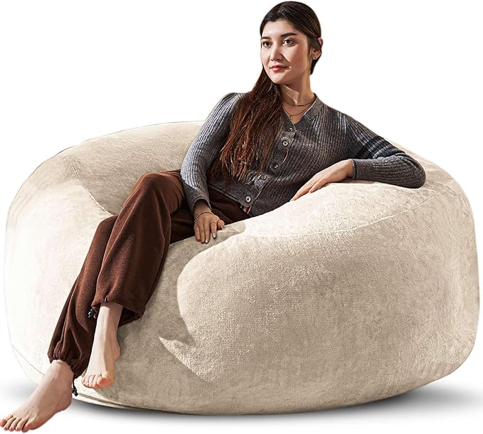 Bean Bag Chair 5Ft, Memory Foam Filled, Large Beanbag Chairs for Adults and Teens, Soft Sofa with Removable Flannel Cover, Round Couch for Living Room Bedroom College Dorm (Apricot, 5FT-60×60"×24")-Ruum Studio Home