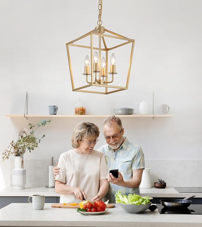 Industrial 4 Lights Chandelier, Gold Lantern Ceiling Light Fixtures with Rustic Metal Cage Adjustable Height Farmhouse Geometric Hanging Light for Kitchen Island, Dining Room, Entryway, UL Listed-Ruum Studio Home