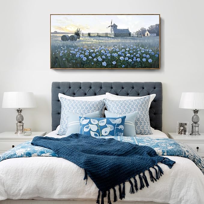 amatop Extra Large Wall Art Bedroom – Framed Country Landscape Canvas Art Blue Floral Field Windmill Print with Natural Wood Frame Rustic Wildflower Picture Home Decor for Living Room Office 58x29 Inch-Ruum Studio Home