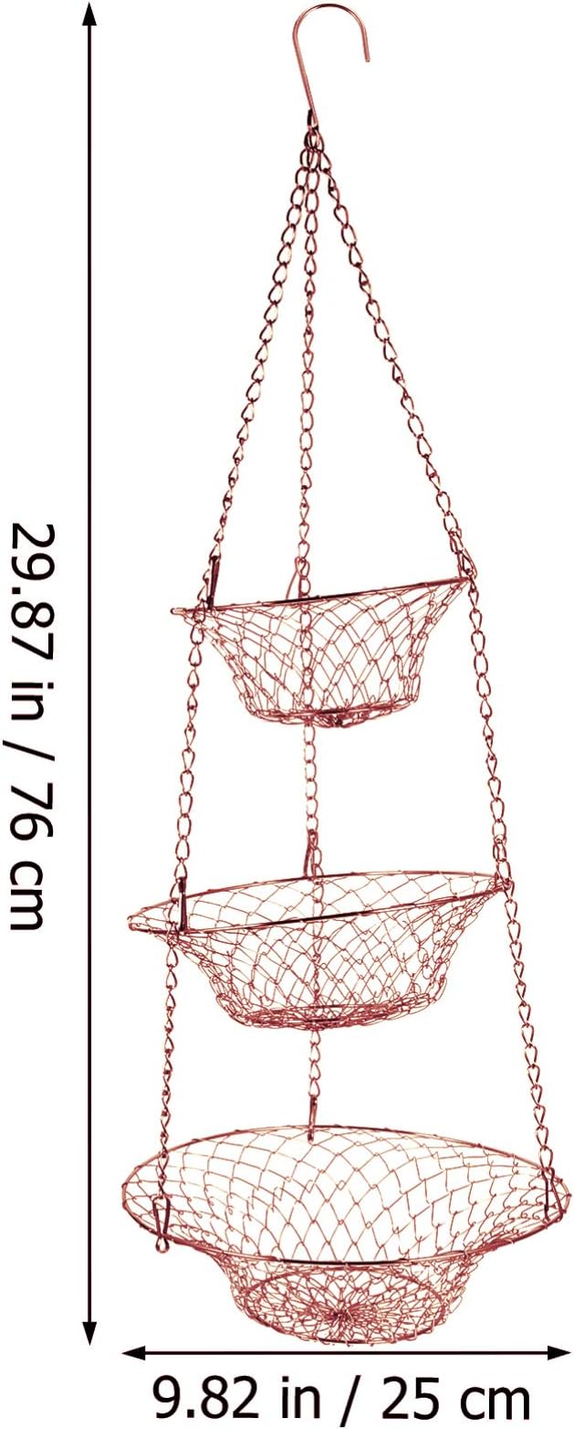 Yardwe 3 Tier Hanging Fruit Baskets Copper Wire Basket Fruit Vegetable Kitchen Storage Organizer Rustic Country Decor Round Metal Copper-Ruum Studio Home