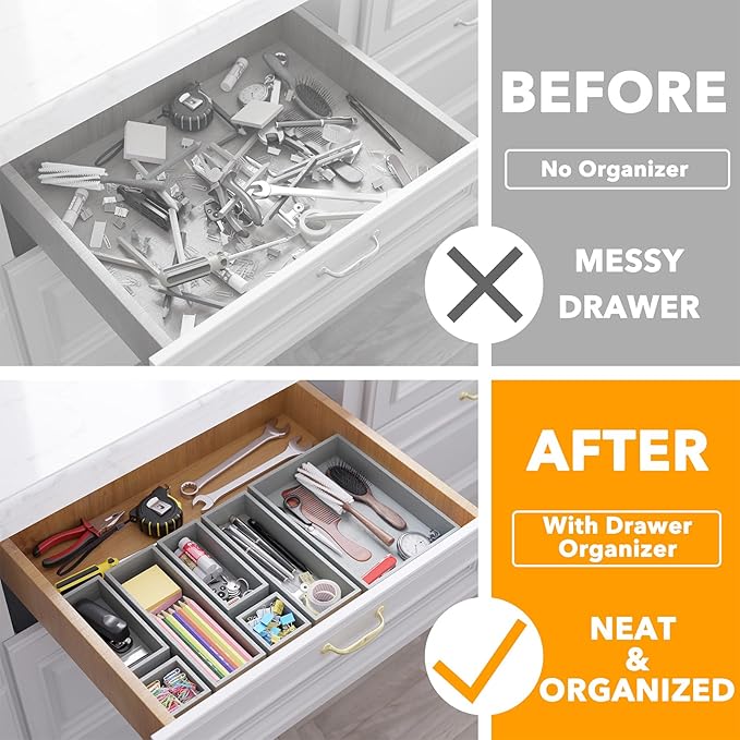 SpaceAid 7-Piece Bamboo Drawer Organizer Storage Boxes Set, Wood Tray Junk Drawer Organizers Multi-Use Divider Bins for Kitchen, Bathroom, Office Desk and Makeup Organization (7 Pack, Gray)-Ruum Studio Home