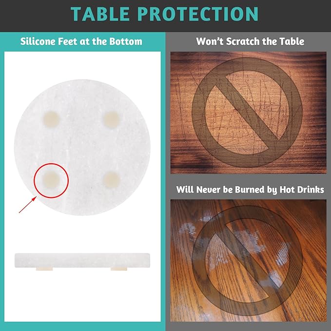 White Marble Coasters with Bling Particles, Set of 6 - Natural Marble Stone Drink Coaster with Protective Silicone Feet, 4 inch Diameter, 0.4 inch Thick - Heat-Resistant Coasters for Coffee Table-Ruum Studio Home
