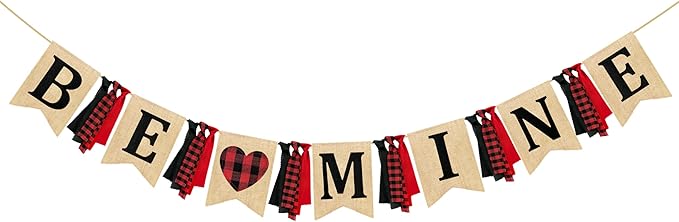 Valentine’s Day Party Decorations Be Mine Felt Sign Burlap Pennant Banner Flag Heart with Black Red Buffalo Plaid Fabric Ribbon for Valentine’s Day Wedding Birthday Party Supplies-Ruum Studio Home