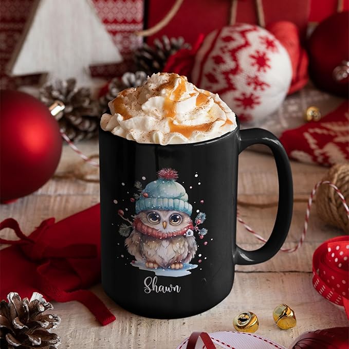 Winter Owl Design Coffee Mug - Custom Christmas Animal Black Cup, Personalized Name Themed 11oz 15oz Ceramic Cup for Owl Lovers, Xmas Decorative Gift-Ruum Studio Home