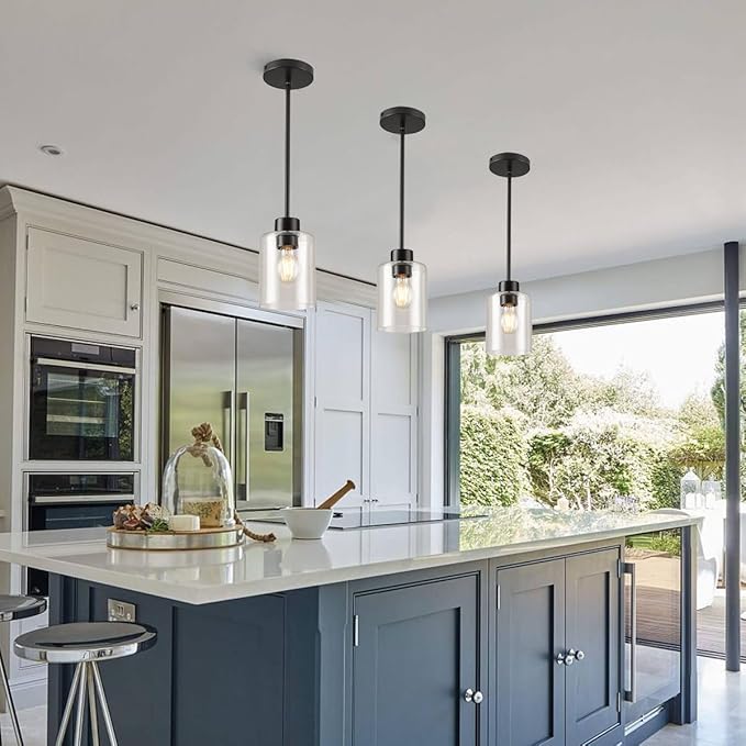 Black Pendant Lights Kitchen Island - Seeded Glass Pendant Light Fixture Multiple Stems Rods 3 Units 12 Inch 3 Units 4 Inch (1 Pack Black Seeded Downrod)-Ruum Studio Home