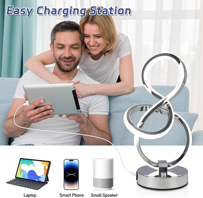 Modern Table Lamp, LED Bedside lamp with USB C+A Ports, Touch Stepless Dimmable Nightstand lamp, Unique Spiral Table lamp for Bedroom Living Room Home Office, LED Spiral lamp, Silver-Ruum Studio Home