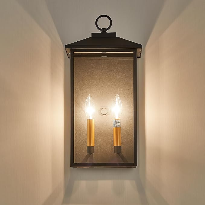 18 Inch Wall Light in Clear Glass and Textured Black and Golden Candle Cap Sleeve,Outdoor Lighting Wall Sconce,2-Light 120watts for House Doorway Garage,Bulb Not Included.-Ruum Studio Home