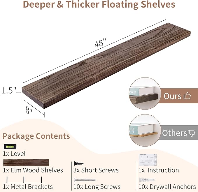 Axeman Floating Shelves for Wall, Rustic Elm Wood 48'' x 8" Deep Wall Shelf with Invisible Bracket, Large Long Wall Mounted Storage Shelves for Living Room, Bedroom, Kitchen, Bathroom Decor, Walnut-Ruum Studio Home