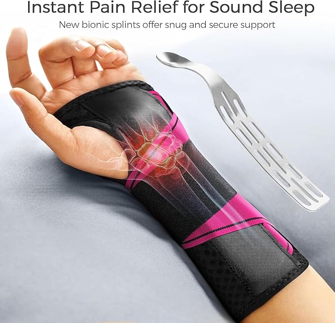 FREETOO Carpal Tunnel Wrist Brace Night Support Fit Left Hand for Work, Pain Relief Wrist Splint for Tendonitis, Sprain, Strain, Rigid Hand Brace for Arthritis for Women and Men (XS, Black/Pink)-Ruum Studio Home