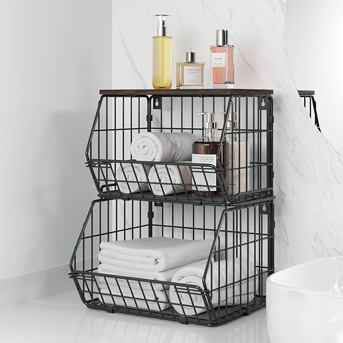 Wetheny 2 Tier Stackable Wall Mounted Wire Basket Fruit Basket with Wood Lid - Kitchen Pantry Organization and Storage, Hanging Storage Basket for fruits, Onion, Potato, Produce, Vegetable (Black)-Ruum Studio Home