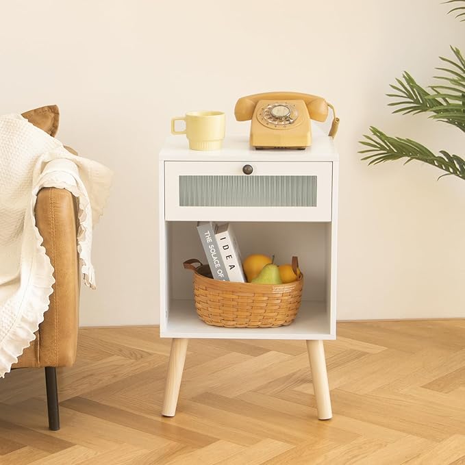 AWASEN White Night Stand, Modern Bedside Table with Glass Storage Drawer and Large Open Shelf, Wood Nightstand Side End Table with Solid Wood Legs for Bedroom, and Small Space, White-Ruum Studio Home
