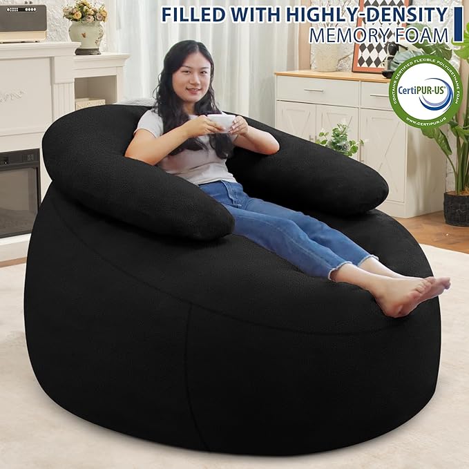 HABUTWAY Bean Bag Chair with U-Shaped Pillow for Adult and Kids Big BeanBag Chair with Filling Ultra Soft Teddy Fleece Couch Chair with Washable Cover for Living Room Bedroom Office, Black & Black-Ruum Studio Home