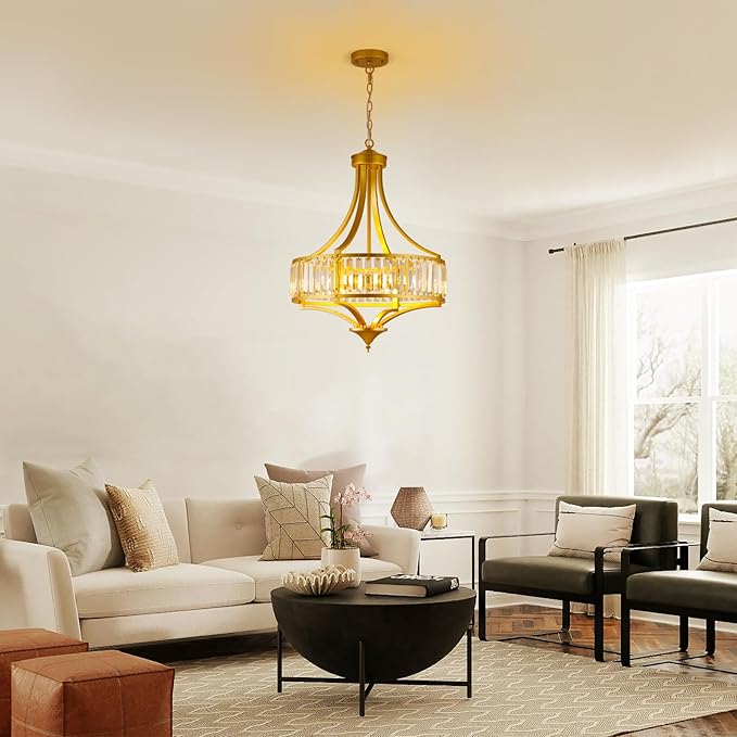 Modern Gold Crystal Chandelier, 20 Inch Large Ceiling Pendant Light Fixture with 50'' Adjustable Hanging Chain, 5-Light Farmhouse Chandelier for Dining Room, Living Room, Bedroom, Entryway-Ruum Studio Home