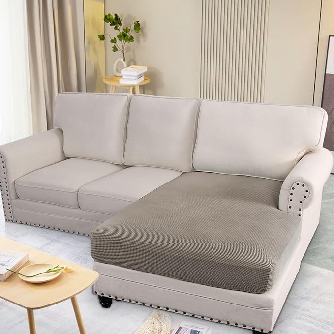 H.VERSAILTEX Super Stretch Individual Chaise Cover Sectional Couch Covers for L Shaped Sofa Both Left/Right Featuring Thick Jacquard Textured Twill Fabric (1 Piece Chaise Cover Large, Taupe)-Ruum Studio Home